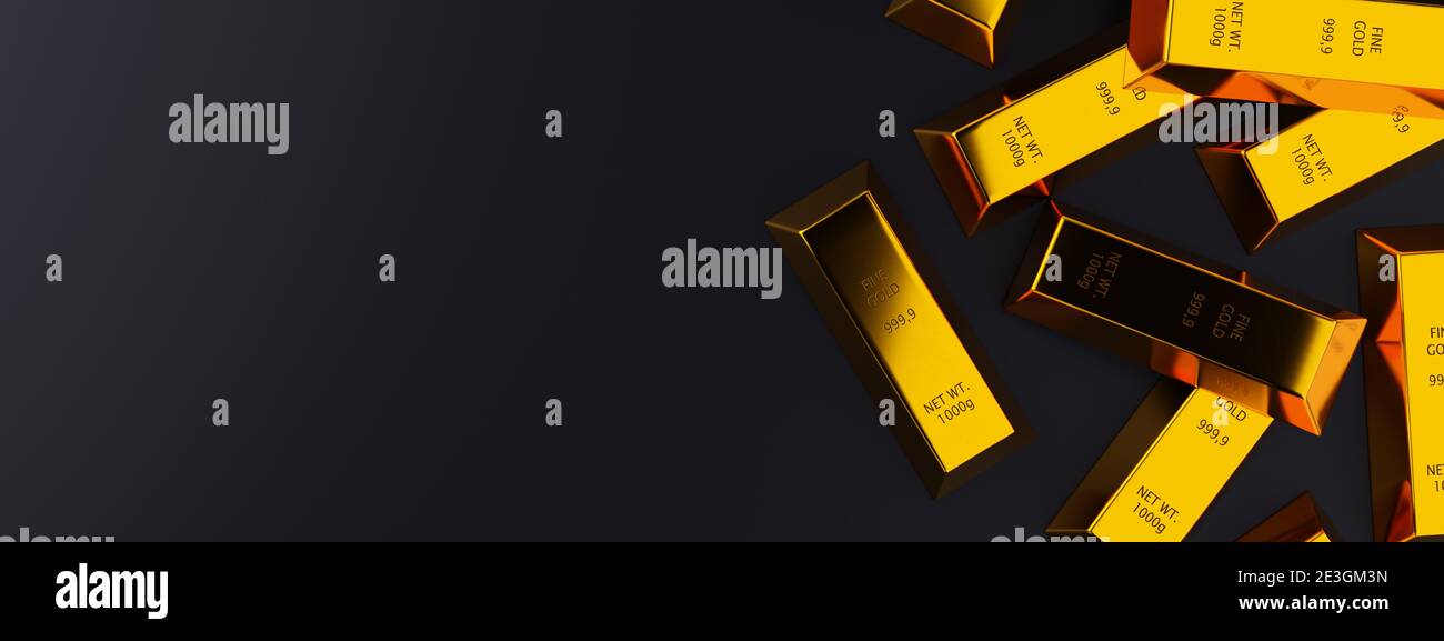 Glänzende Goldbarren oder Barren auf dunkelschwarzem Hintergrund mit Kopierraum Draufsicht flach von oben - Edelmetall- oder Geldinvestitionskonzept, 3D-Illus Stockfoto