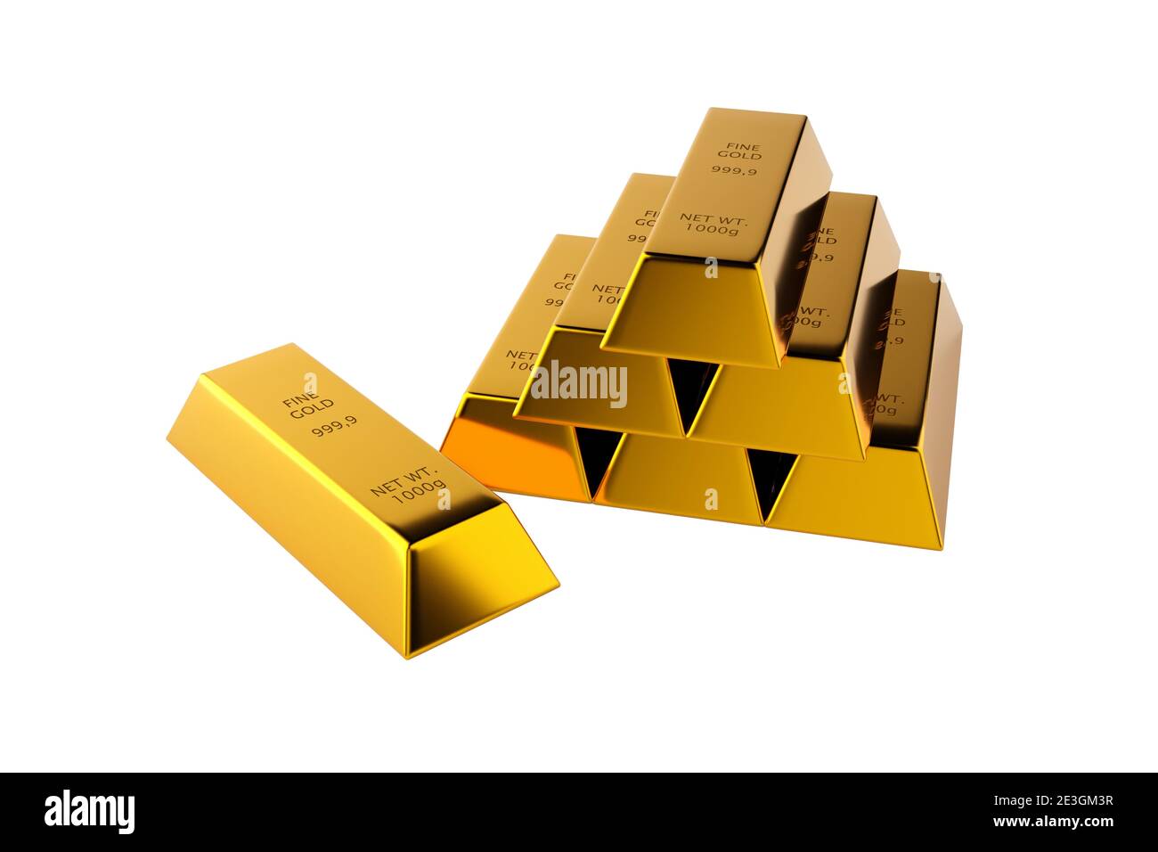 Glänzende Goldbarren oder Barren Pyramide mit einzelnen Goldbarren vorne über weißem Hintergrund - Edelmetall- oder Geldinvestitionskonzept, 3D-Illustration Stockfoto
