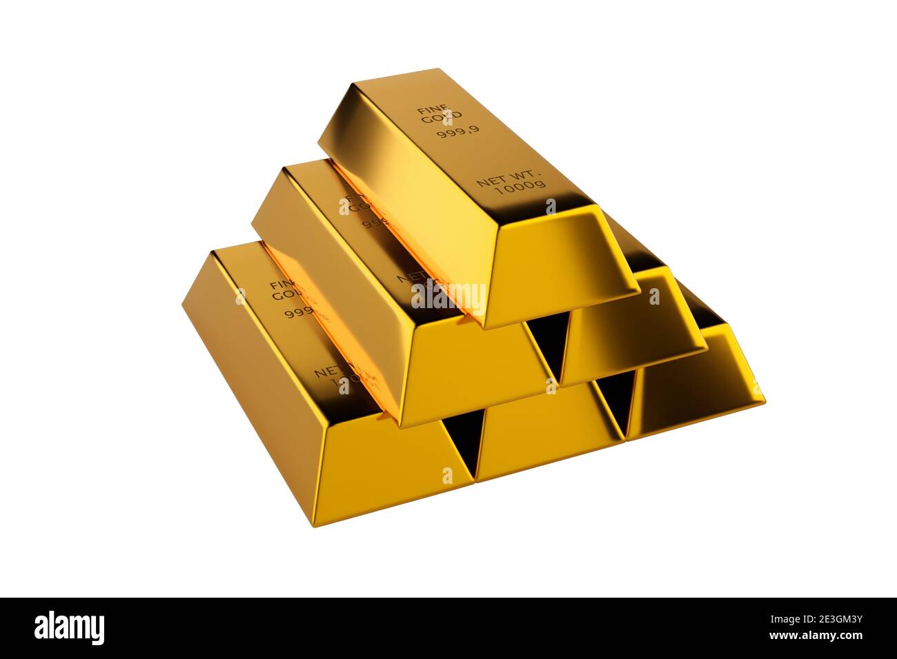Glänzende Goldbarren oder Bars Pyramide über weißem Hintergrund - Edelmetall oder Geld-Investment-Konzept, 3D-Illustration Stockfoto