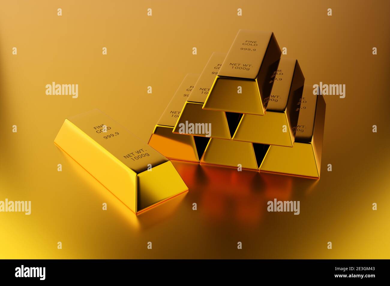 Glänzende Goldbarren oder Barren Pyramide mit einzelnen Goldbarren vorne über Goldhintergrund - Edelmetall- oder Geldinvestitionskonzept, 3D-Illustration Stockfoto
