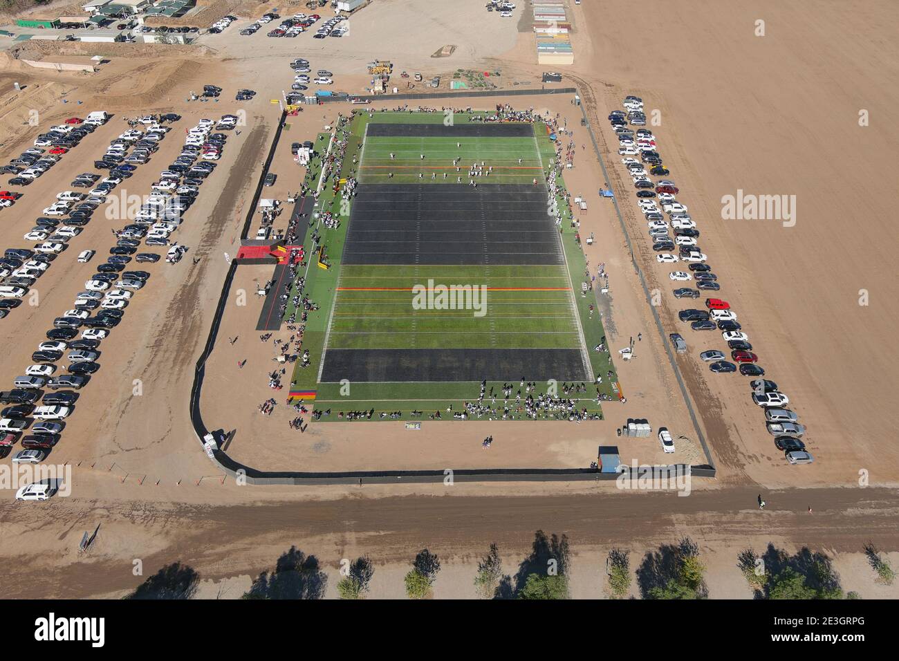 Eine Luftaufnahme des Winner Circle Field, Sonntag, 17. Januar 2021, in Eastvale, Kalifornien. Stockfoto