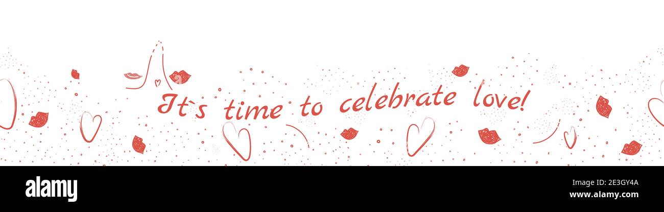 St. Valentine Day handgezeichneten Raster Hintergrund. Schöne dekorative Illustration mit Herzen und dicken Lippen zum Küssen.Weiße und rote Zeichnung in Doodle Stockfoto