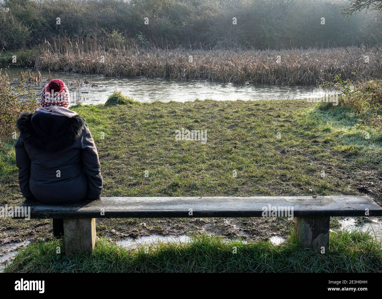 Eine Dame wickelte sich warm auf einer frostigen Bank sitzend ein In der Landschaft mit Blick auf einen gefrorenen Teich Stockfoto