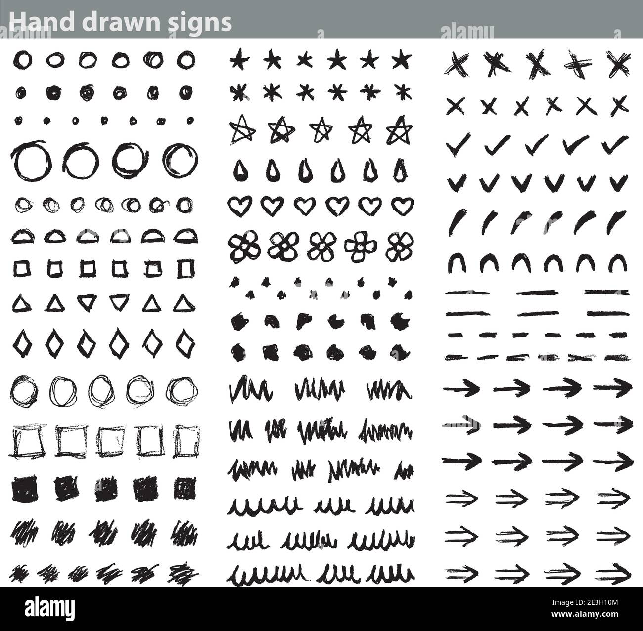 Satz von einfachen handgezeichneten Zeichen: Pfeile, Linien, geometrische Figuren, Symbole ... Stock Vektor