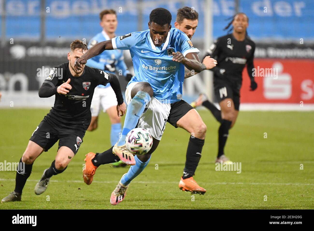 Muenchen GRUENWALDER STADION. 10th Apr, 2021. Mael CORBOZ (Verl), action,  duels versus Dennis DRESSEL (TSV Munich 1860). Soccer 3rd league, Liga3, TSV  Munich 1860 - SC Verl 3-2, on April 10th, 2021