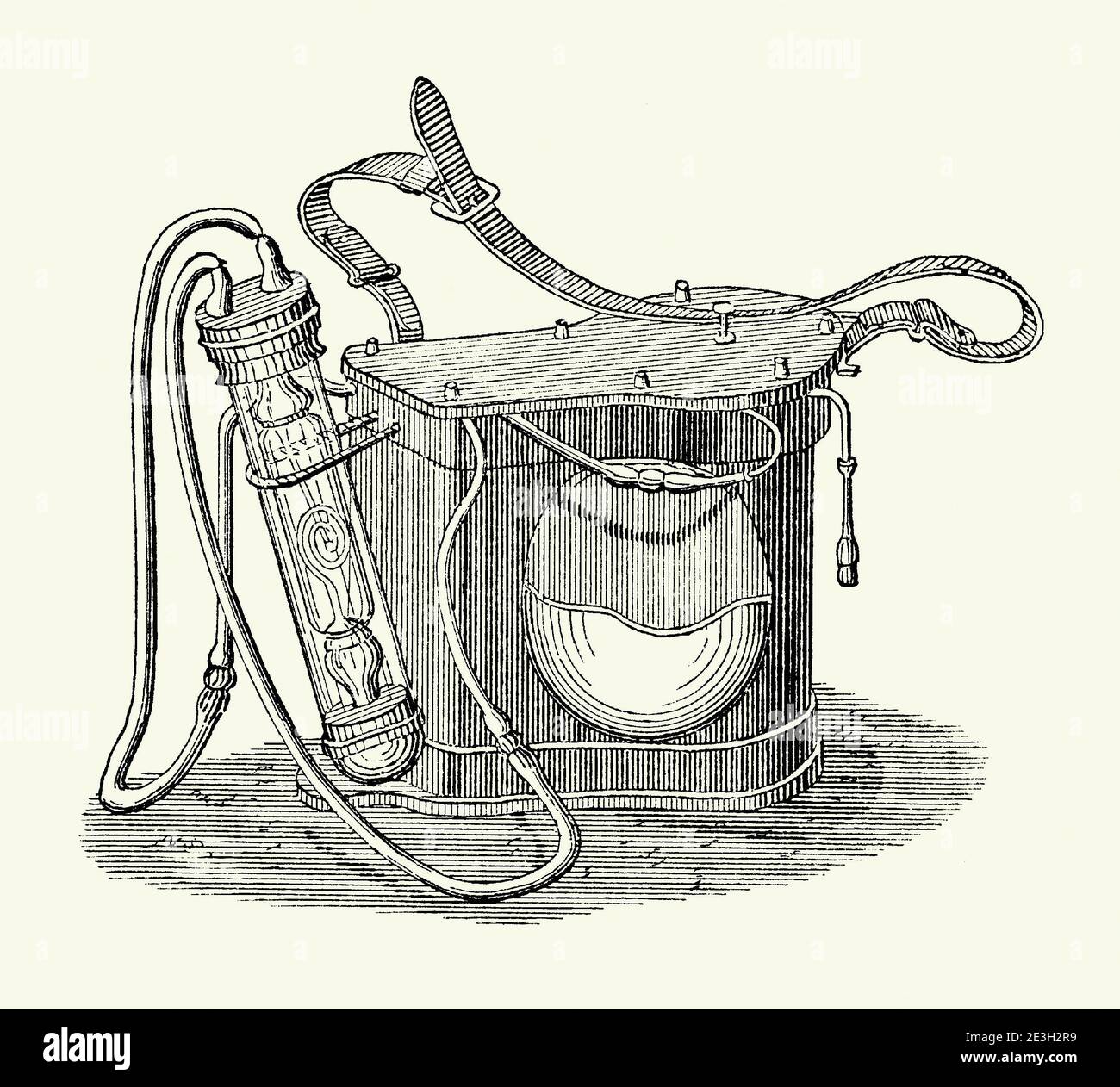 Eine alte Gravur einer viktorianischen fotoelektrischen Sicherheitslampe für den Einsatz in Minen im Jahr 1800s. Es ist aus einem Buch der 1880s. Diese elektrische Lampe, von Dumas und Benoit, hatte eine Generatorzelle Batterie in einem Schulterkoffer eingeschlossen. Drähte, die durch einen isolierten Flex zu einer Beleuchtungsspule innerhalb eines geschlossenen Glaszylinders geführt werden. Die erste praktische Sicherheitslampe für den Einsatz in brennbaren Atmosphären wurde 1815 vom britischen Erfinder Sir Humphry Davy erfunden. Sie besteht aus einer Docht-Lampe mit der Flamme, die in einem Gitterschirm eingeschlossen ist. Es reduzierte die Gefahr von Explosionen durch das Vorhandensein von flammbaren Gasen. Stockfoto