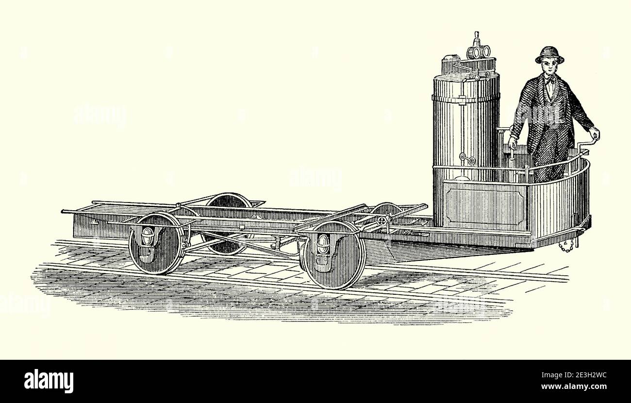 Eine alte Gravur der Funktionsweise des Baxter Dampfwagens im 19. Jahrhundert, eines LKW-, Straßenbahn- oder Straßenbahnfahrwerks, das mit einer Dampfmaschine angetrieben wurde. Es ist aus einem viktorianischen Maschinenbaubuch der 1880er Jahre. Die Dampfmaschine ist aufrecht und befindet sich an der Vorderseite des Fahrzeugs und der zusammengesetzte, doppeltwirkende Motor befindet sich unter der vorderen Plattform. Baxter Dampfmaschinen wurden von William Baxter aus New York, USA entworfen. Viele wurden im Auftrag der Colt Fire Arms Fabrik in Hartford, Connecticut, USA gebaut. Stockfoto