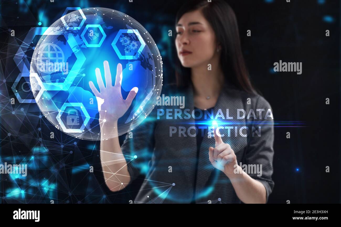 Wirtschaft, Technologie, Internet und Netzwerk Konzept. Junge Unternehmer arbeiten an einer virtuellen Bildschirm der Zukunft und sieht die Inschrift: Persönliche dat Stockfoto