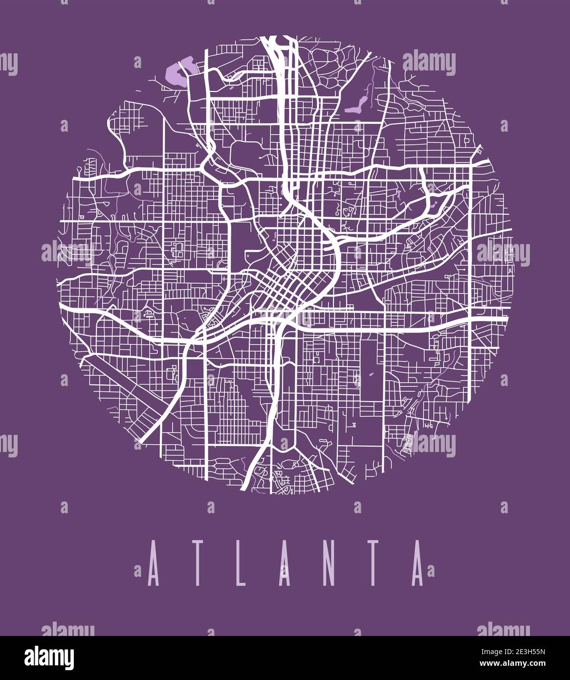 Atlanta Kartenposter. Dekoratives Design Stadtplan von Atlanta Stadt. Stadtbild ARIA Panorama Silhouette Luftbild, Typografie Stil. Land, Fluss, Hochw Stock Vektor