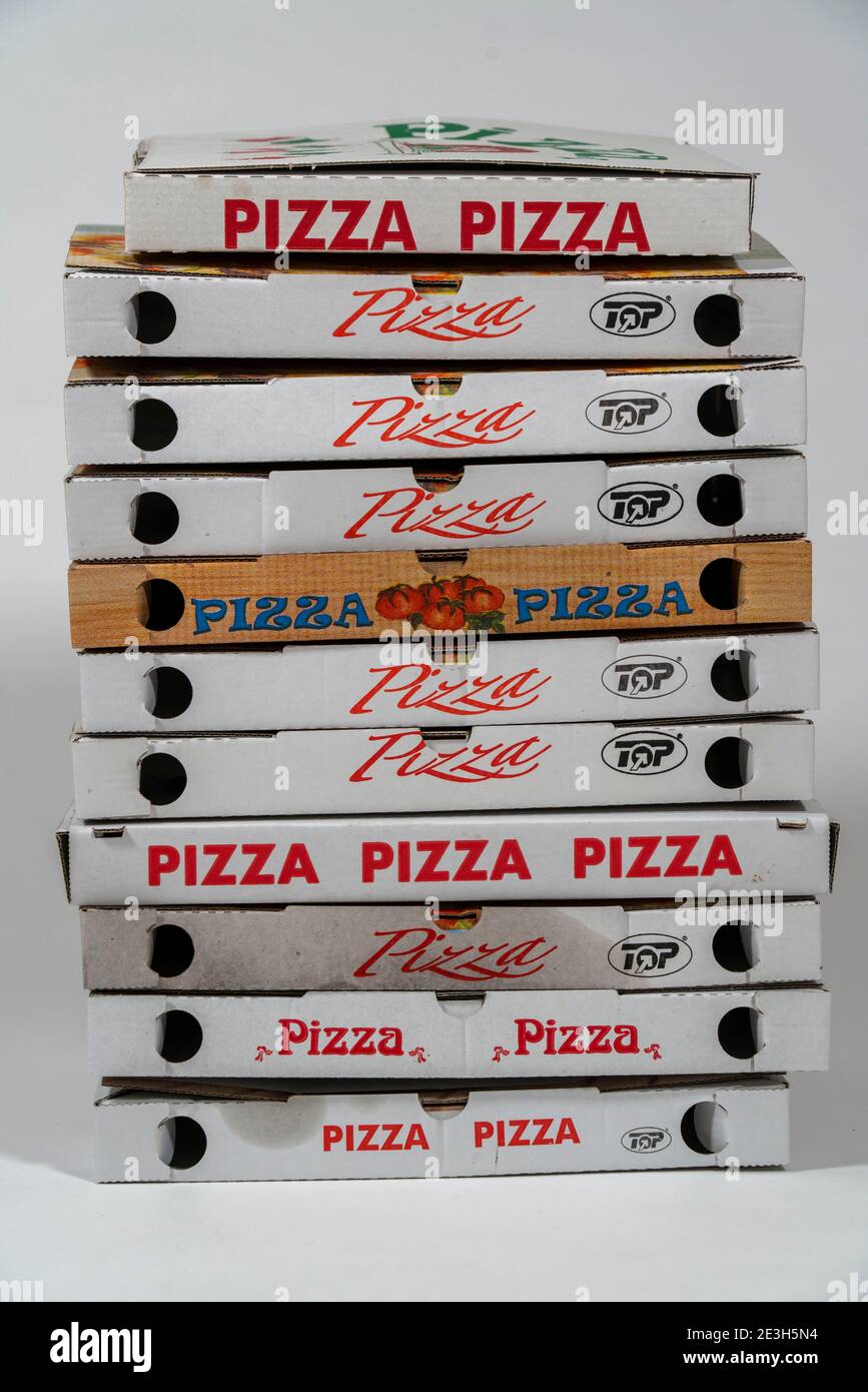 Leere, gebrauchte Pizzakisten, Imbisse, Stockfoto