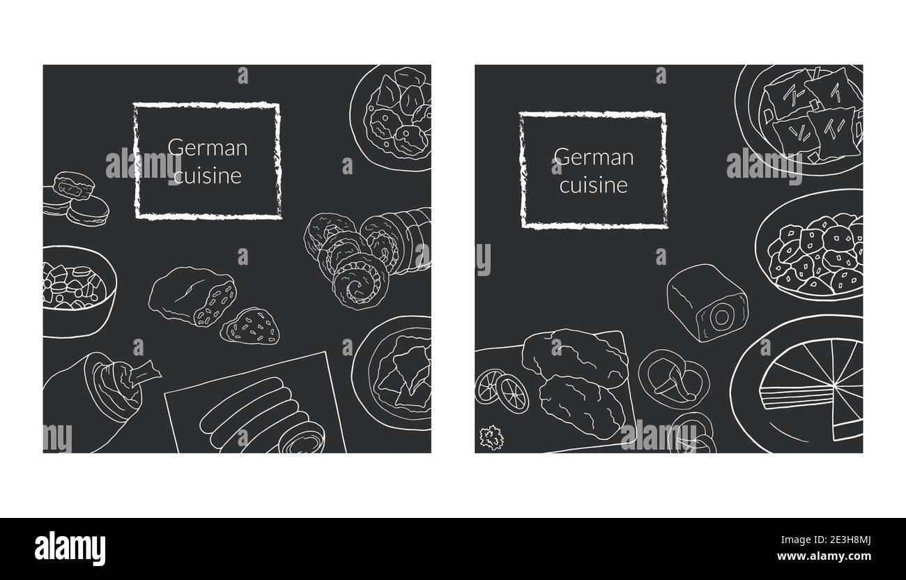 Handgezeichnetes Posterset mit deutschem Küchengericht. Design Skizzenelement für Menü Café, Bistro, Restaurant, Bäckerei und Verpackung. Vektorgrafik. Stock Vektor