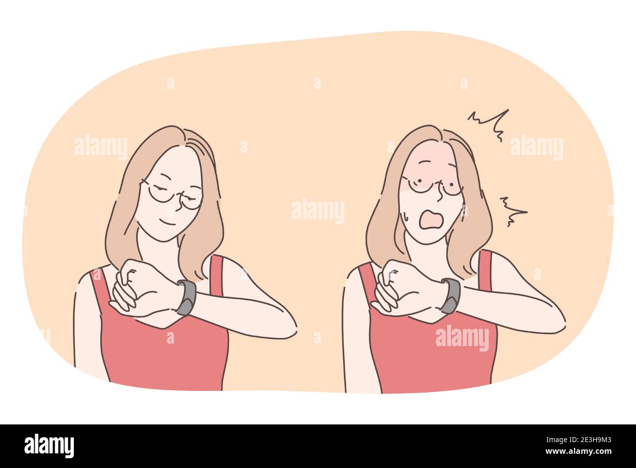 Zeit, Uhr, Uhr, spät Konzept. Junge Dame Geschäft Frau Cartoon-Figur Blick auf Armbanduhr mit Entspannung, Kontrolle und mit Schock Bein Stock Vektor