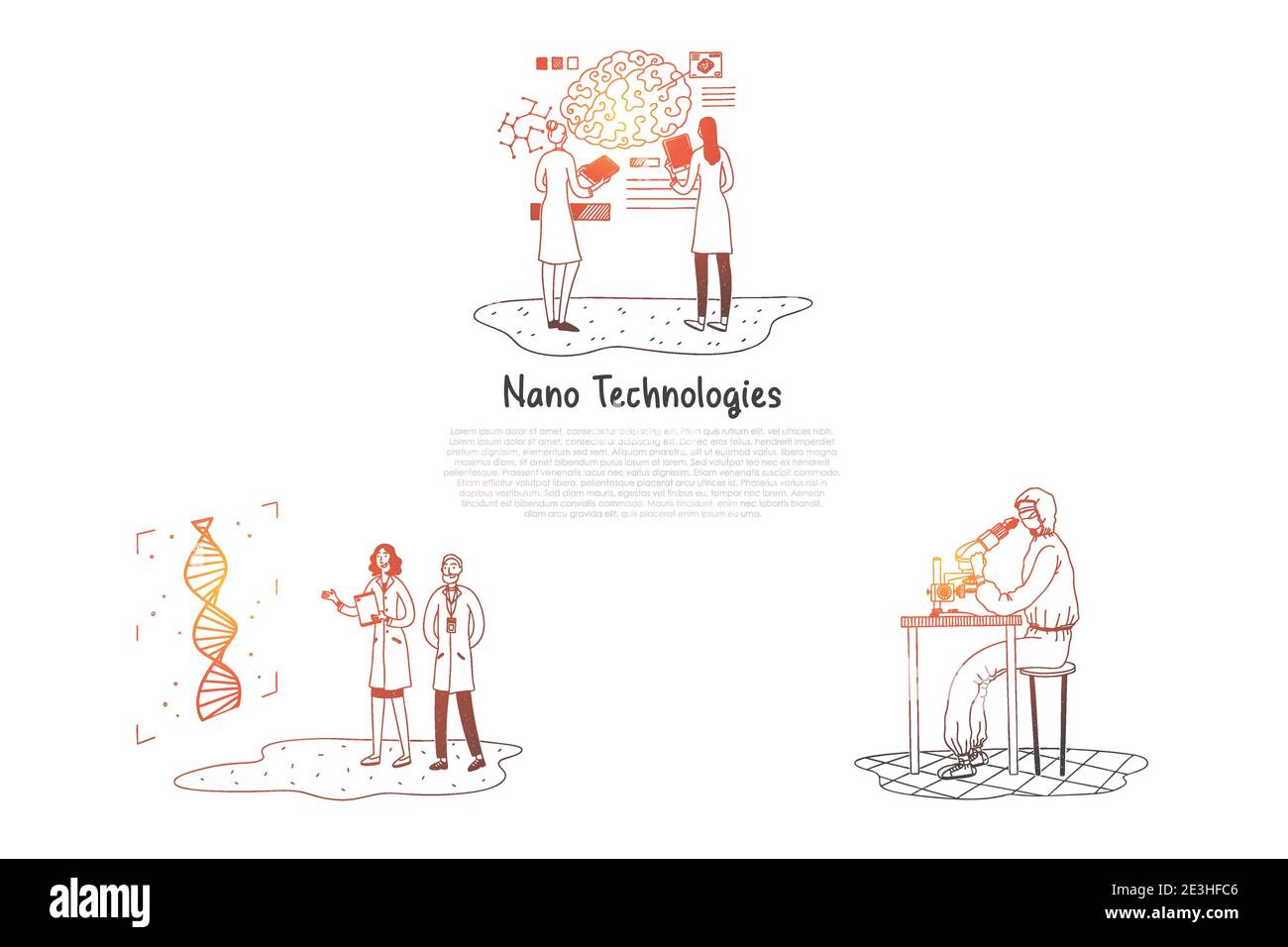 Nano-Technologien - Wissenschaftler, die Forschung in Laboratorien Vektor-Konzept gesetzt. Von Hand gezeichnete Skizze isolierte Illustration Stock Vektor