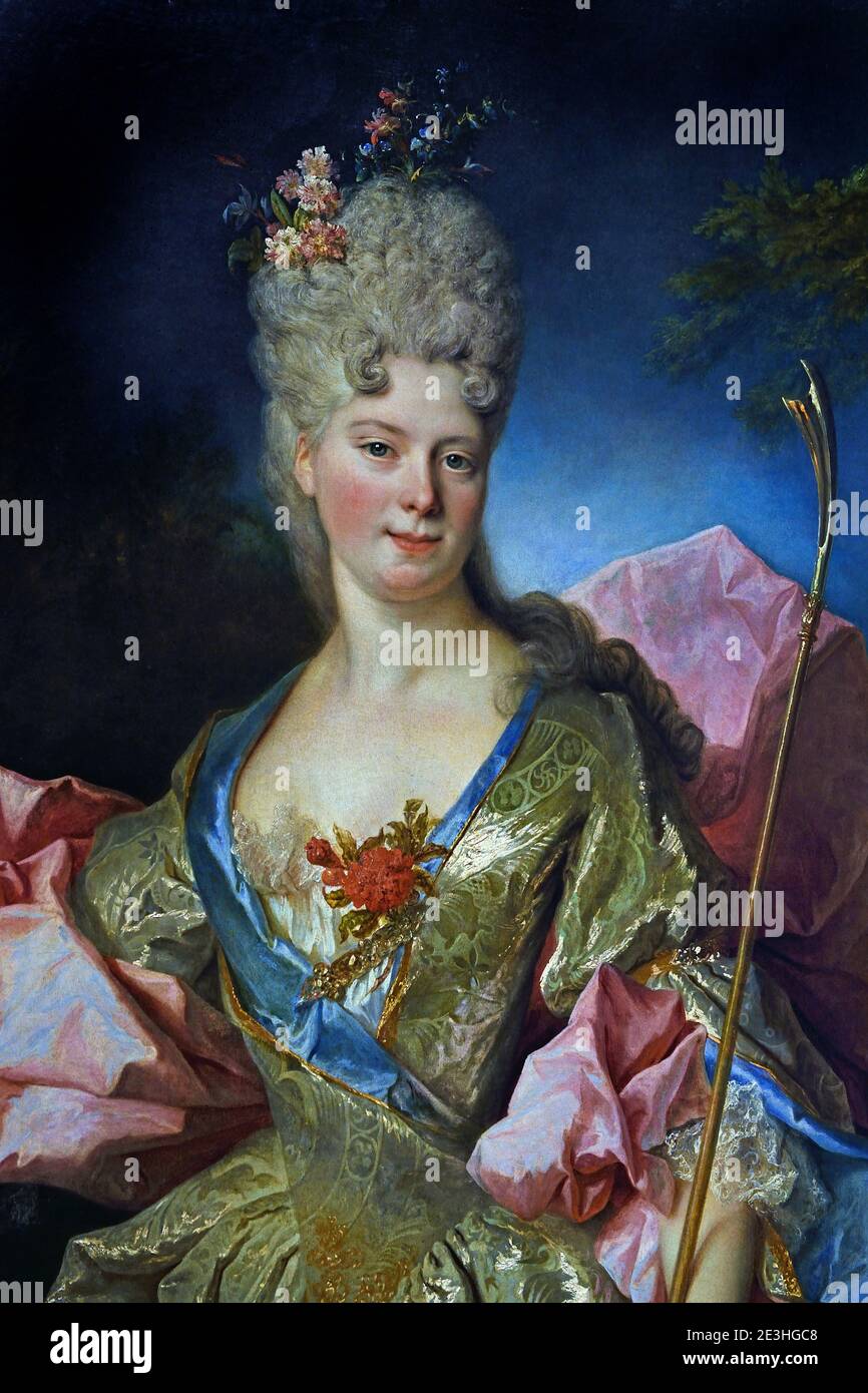 Porträt einer Frau als Astrea, wahrscheinlich Mary Josephine Drummond, Condesa de Castelblanco 1710 Nicolas de Largilierre 1656-1746 Frankreich, Französisch, ( die Sitterin wird als Hirtin Astrea dargestellt, die Heldin eines Pastoralromans aus dem 17. Jahrhundert, L’Astrée, von Honoré d’Urfé ) Stockfoto