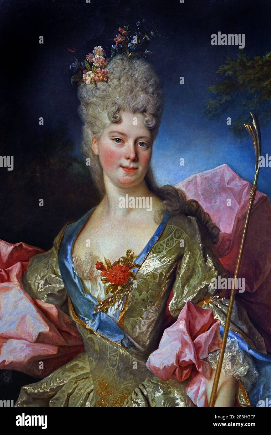 Porträt einer Frau als Astrea, wahrscheinlich Mary Josephine Drummond, Condesa de Castelblanco 1710 Nicolas de Largilierre 1656-1746 Frankreich, Französisch, ( die Sitterin wird als Hirtin Astrea dargestellt, die Heldin eines Pastoralromans aus dem 17. Jahrhundert, L’Astrée, von Honoré d’Urfé ) Stockfoto