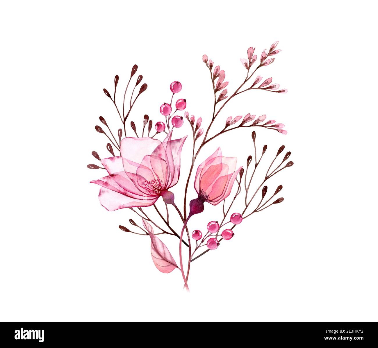 Aquarell Rosenstrauß. Transparente rosa Blüten mit Zweigen und Beeren isoliert auf weiß. Handbemalte Vintage-Kunstwerke. Botanische Abbildung Stockfoto