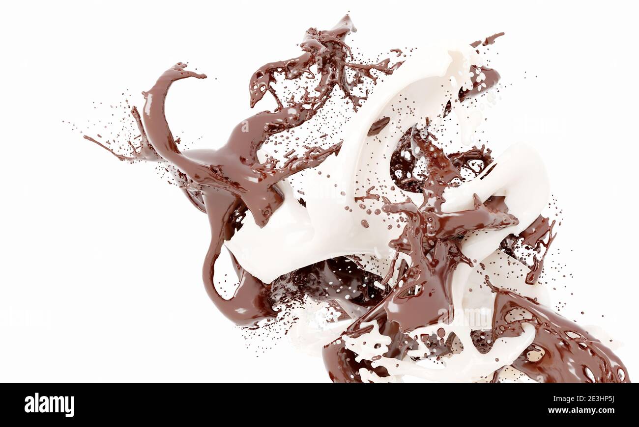 Dunkle Schokolade und weiße Milch spritzt isoliert auf weißem Hintergrund Stockfoto