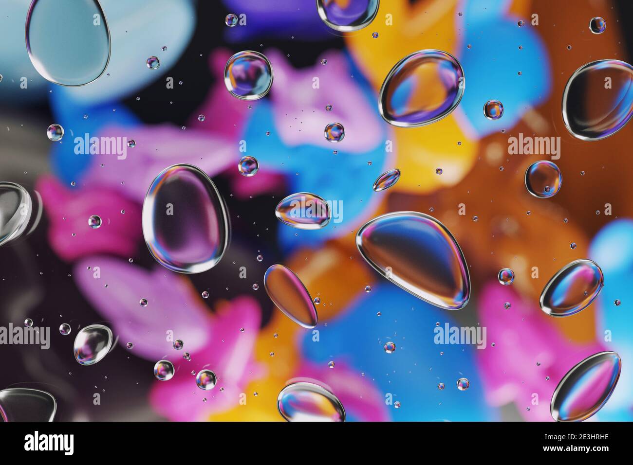 3D Illustration einer Gruppe von Tropfen auf Glas mit buntem und unscharfem Hintergrund. Hochwertige 3d-Illustration Stockfoto