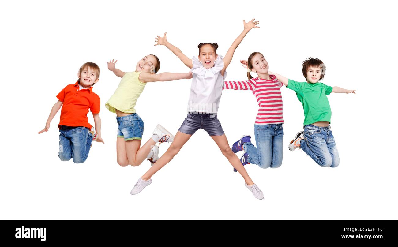 Unbeschwerte Kinder Springen Spaß Auf Weißem Hintergrund, Panorama, Collage Stockfoto
