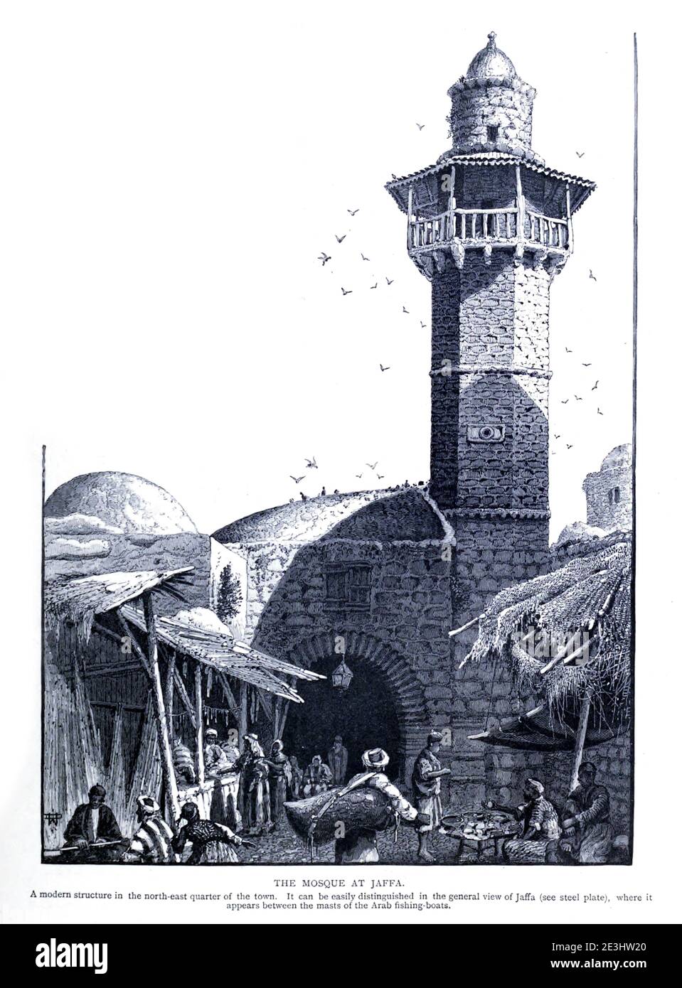 DIE MOSCHEE IN JAFFA [El Baher [die Meer] Moschee]. Ein modernes Gebäude im Nordosten der Stadt. Es kann leicht unterschieden werden in der allgemeinen Ansicht von Jaffa, wo es zwischen den Masten der arabischen Fischerboote erscheint. Holzstich von 'Picturesque Palestine, Sinai and Egypt' von Wilson, Charles William, Sir, 1836-1905; Lane-Poole, Stanley, 1854-1931 Band 3. Veröffentlicht in von J. S. Virtue and Co 1883 Stockfoto
