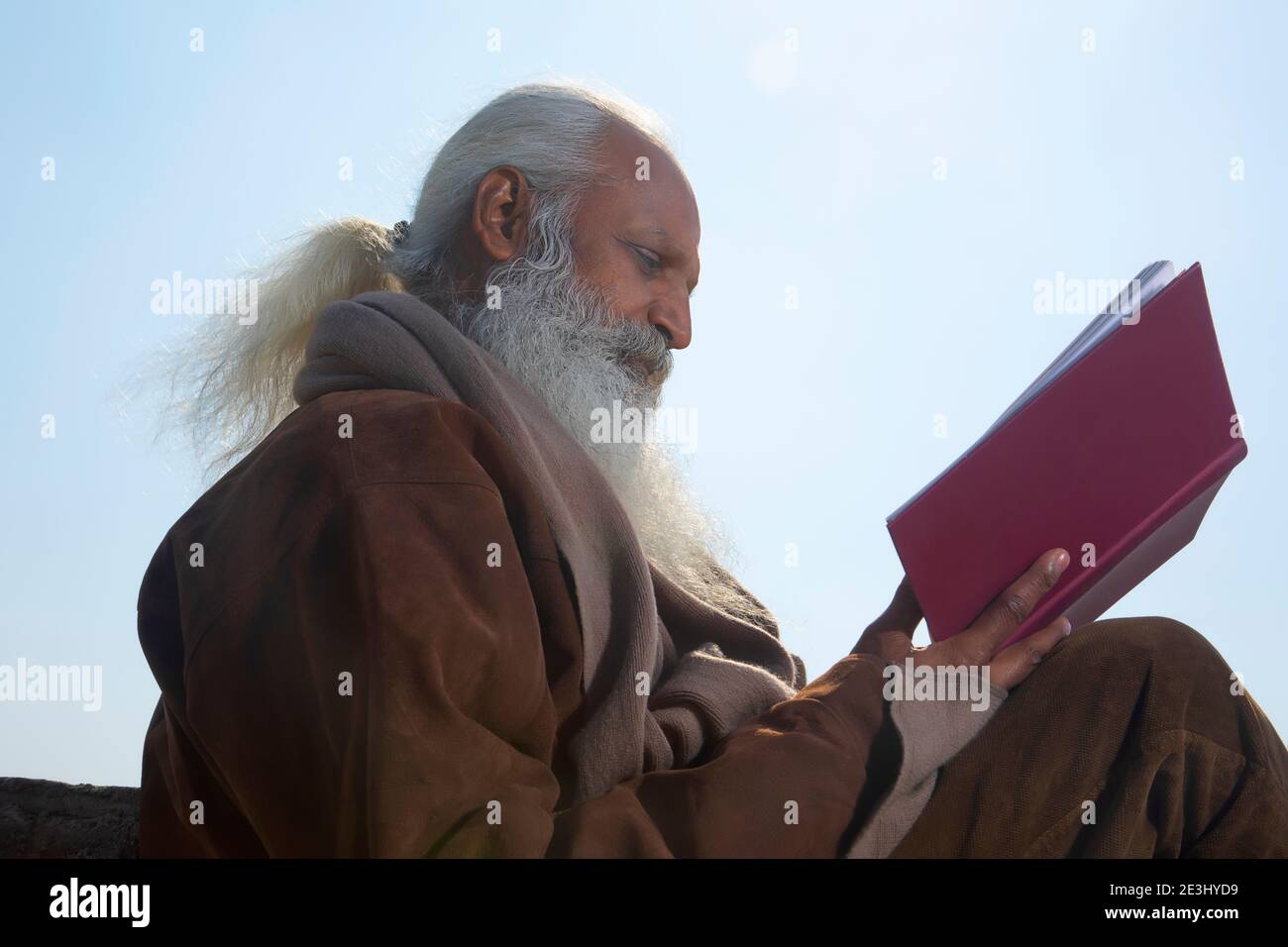 PORTRÄT EINES BÄRTIGEN ALTEN MANNES, DER EIN BUCH LIEST DRAUSSEN SITZEN Stockfoto