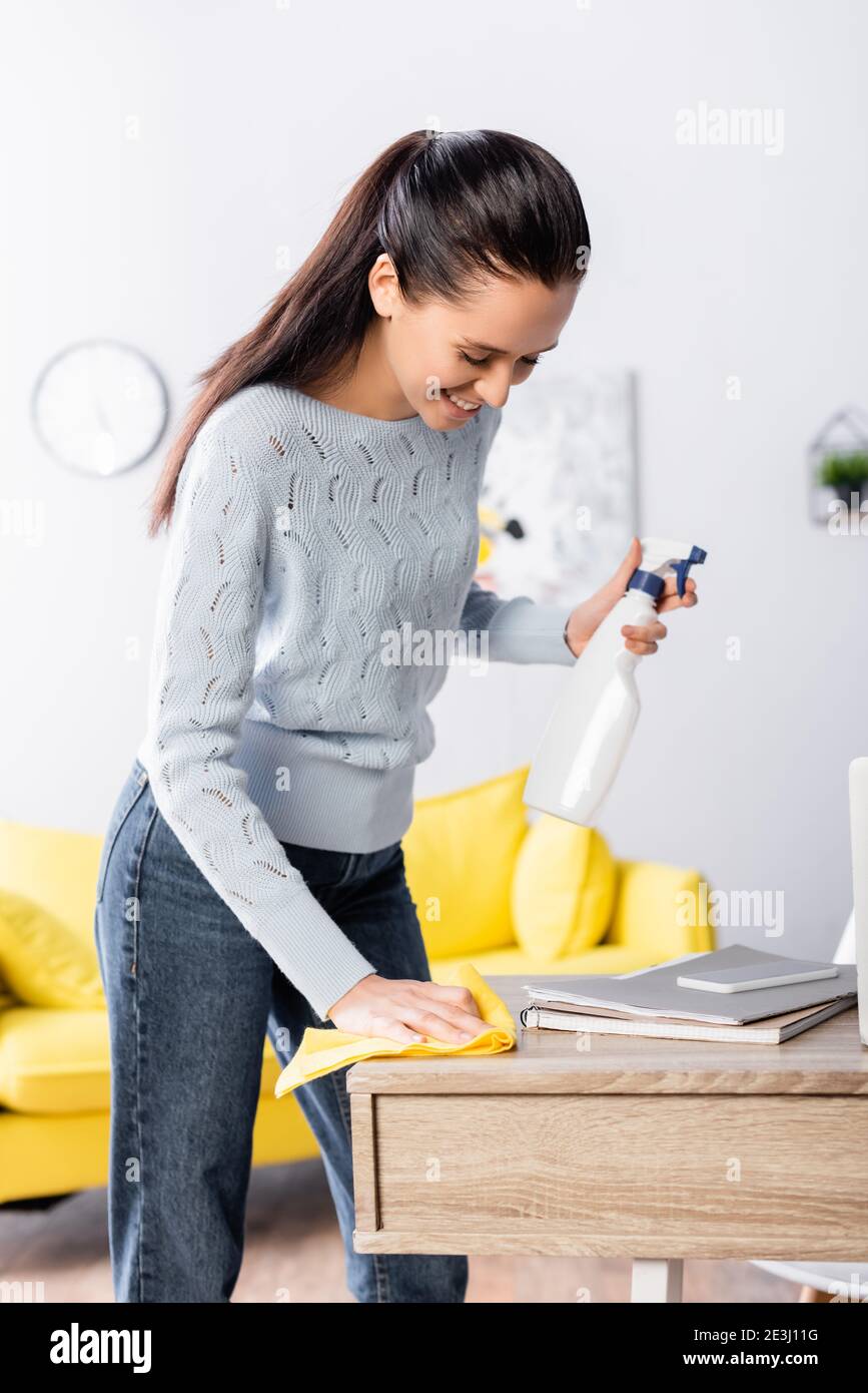 Junge Hausfrau hält Waschmittel Spray und Wischtisch mit Lappen Stockfoto