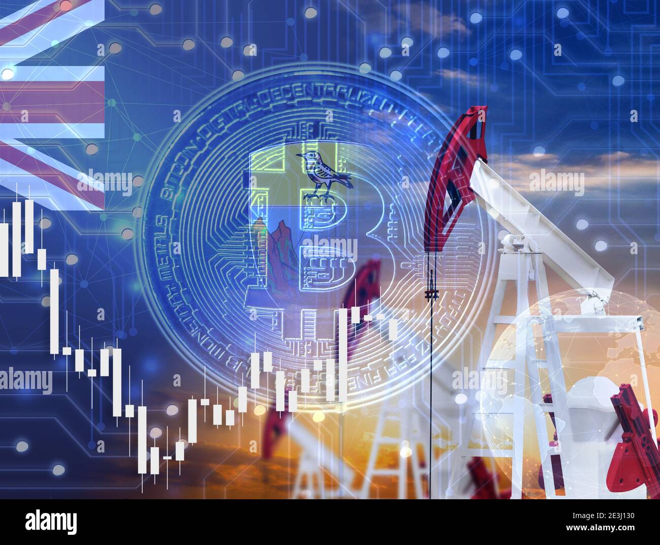 Hologramm mit Bitcoin Kryptowährung und Grafik auf dem Hintergrund von Die Flagge von St. Helena Stockfoto