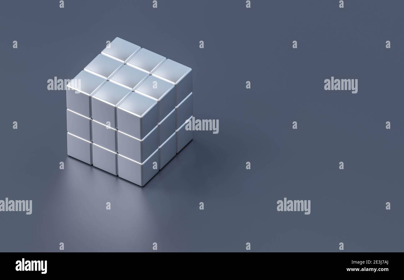 Silberner Stahl Chrom Würfel auf dunklem Hintergrund 3d Rendering Illustration Stockfoto