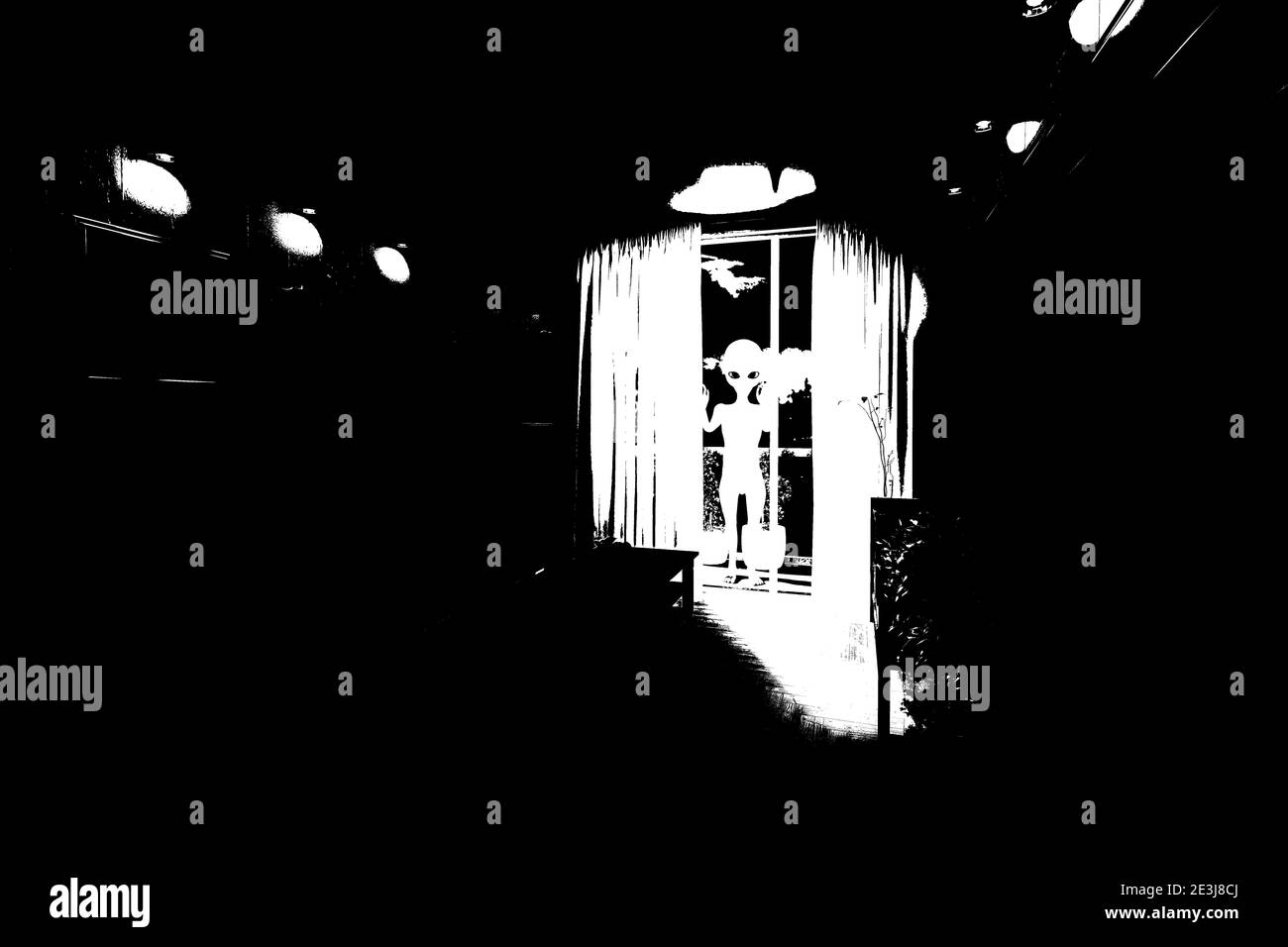 Alien grau außerhalb des Wohnzimmers 3d-Illustration Stockfoto