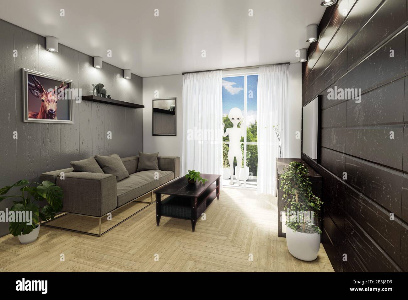 Alien Grey außerhalb des Wohnzimmers 3d-Illustration Stockfoto