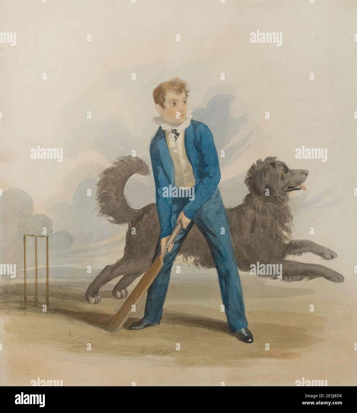 Aquarellmalerei des Jungen, der Cricket mit Hund neben ihm spielt. Unsigniertes Gemälde Stockfoto