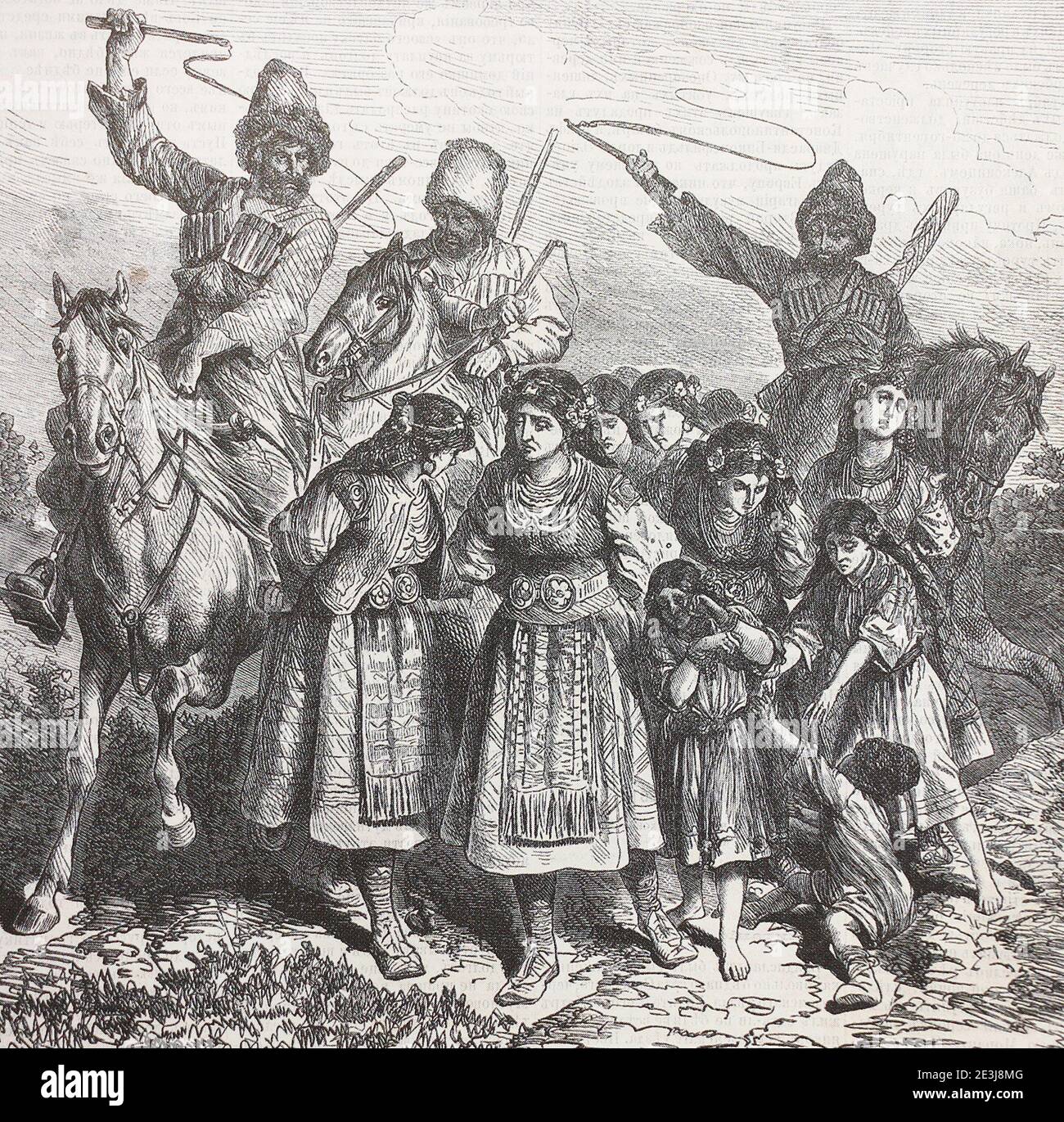 Die Tscherkessen schicken bulgarische Mädchen, die von ihnen gefangen genommen wurden, zum Verkauf. Gravur 1876. Stockfoto