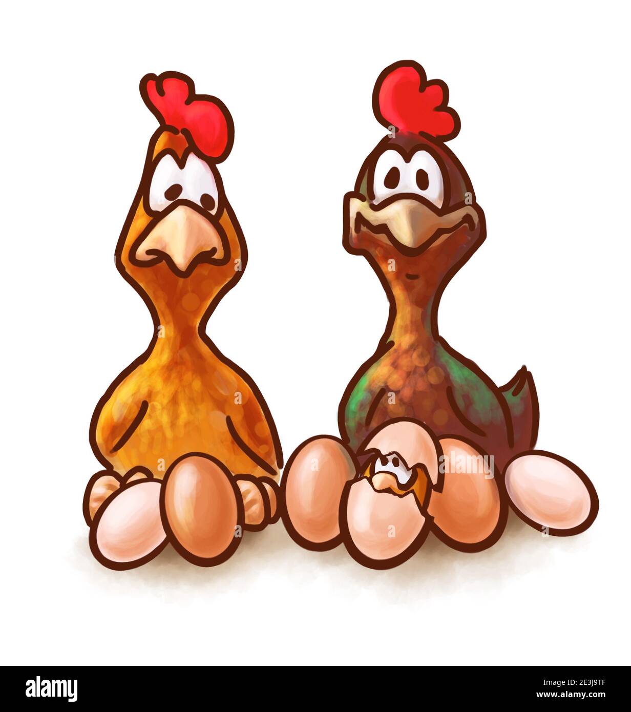 Zwei Hühner mit Eiern und Huhn - Cartoon-Farbdarstellung, auf weißem Hintergrund Stockfoto