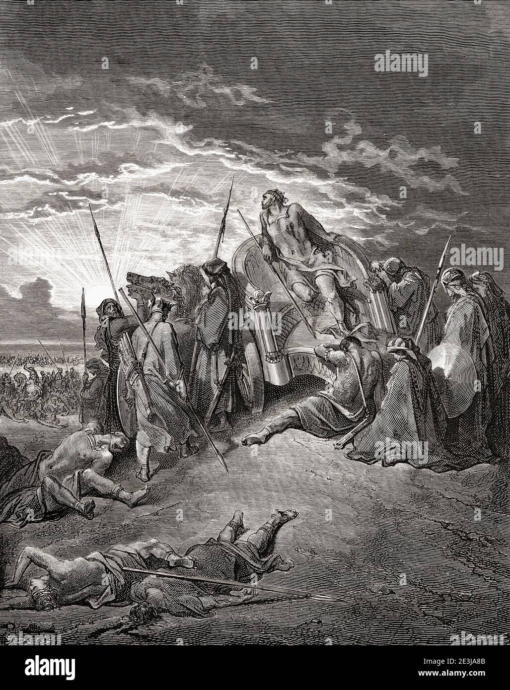 Der Tod Ahabs. Nach einem Werk von Gustave Dore aus dem 19. Jahrhundert. Ahab, König von Nord-Israel. ? - c. 852. Hier schildert Dore ihn, wie er in seinem Wagen stirbt, nachdem er in seinem Krieg gegen die Aramäer von einem Pfeil getroffen wurde. Stockfoto