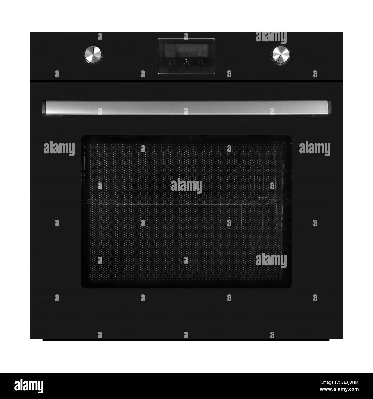 Haushaltsgeräte - Schwarzer elektrischer Ofen mit Display isoliert auf weißem Hintergrund. Stockfoto