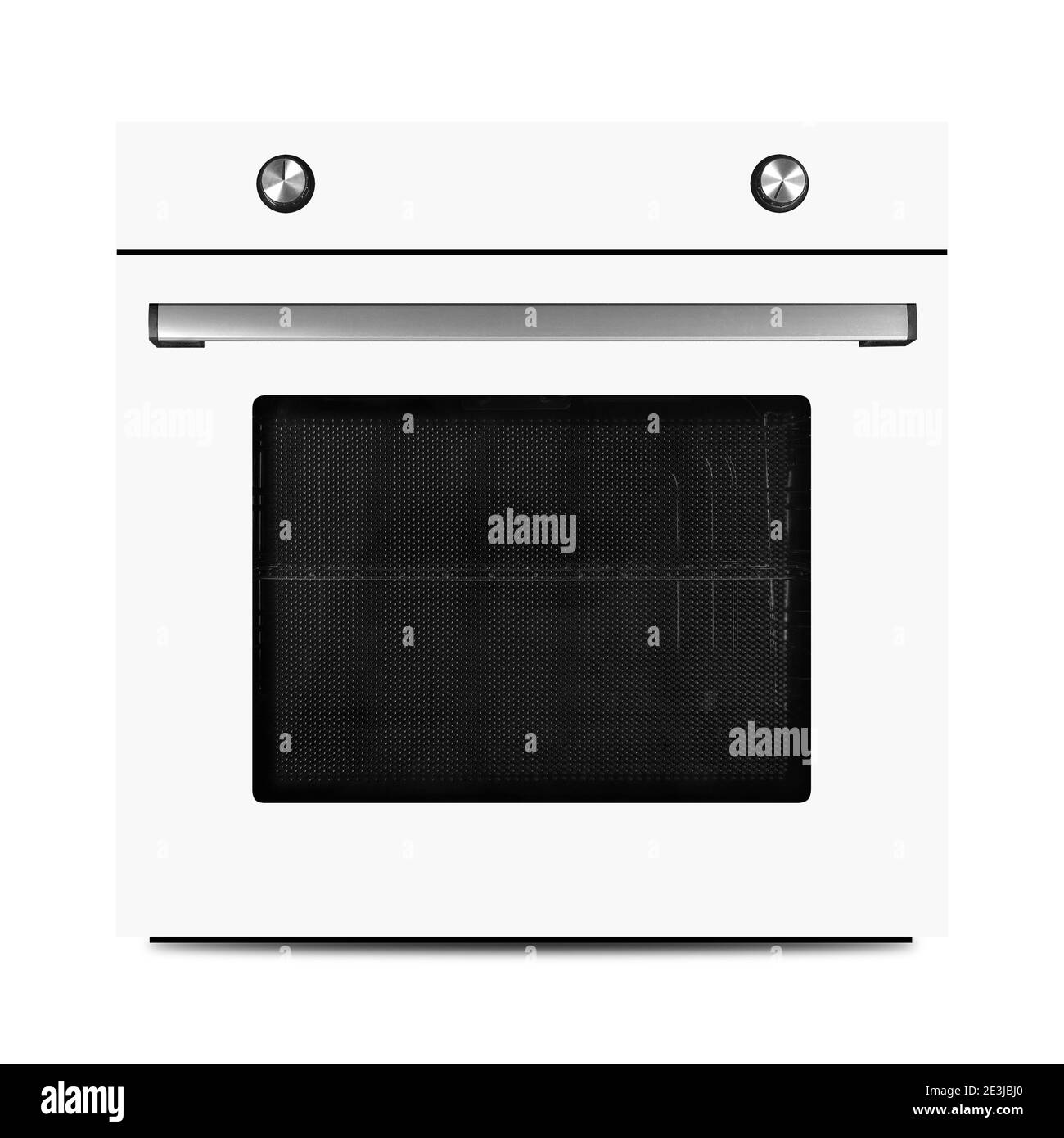 Haushaltsgeräte - Weißer elektrischer Ofen isoliert auf weißem Hintergrund. Stockfoto