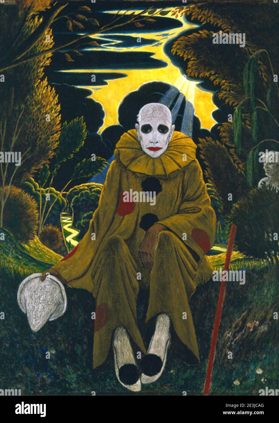 Der Clown sitzt im Wald Hut in der Hand. Die Sonne scheint auf ihn, aber er ist nicht glücklich. Das Kunstwerk von Edward Middleton Manigault aus dem Jahr 1910 heißt Clown. Stockfoto