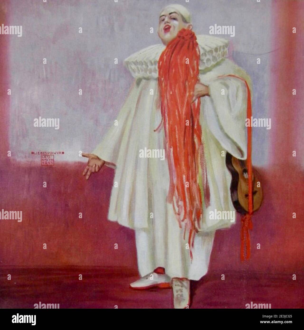 Kunstwerk von Leo Rauth genannt Liebesschwur. Ein Clown in weiß-rotem Kostüm verspricht seine Liebe. Platz kopieren, um Botschaft der Liebe hinzuzufügen. Stockfoto