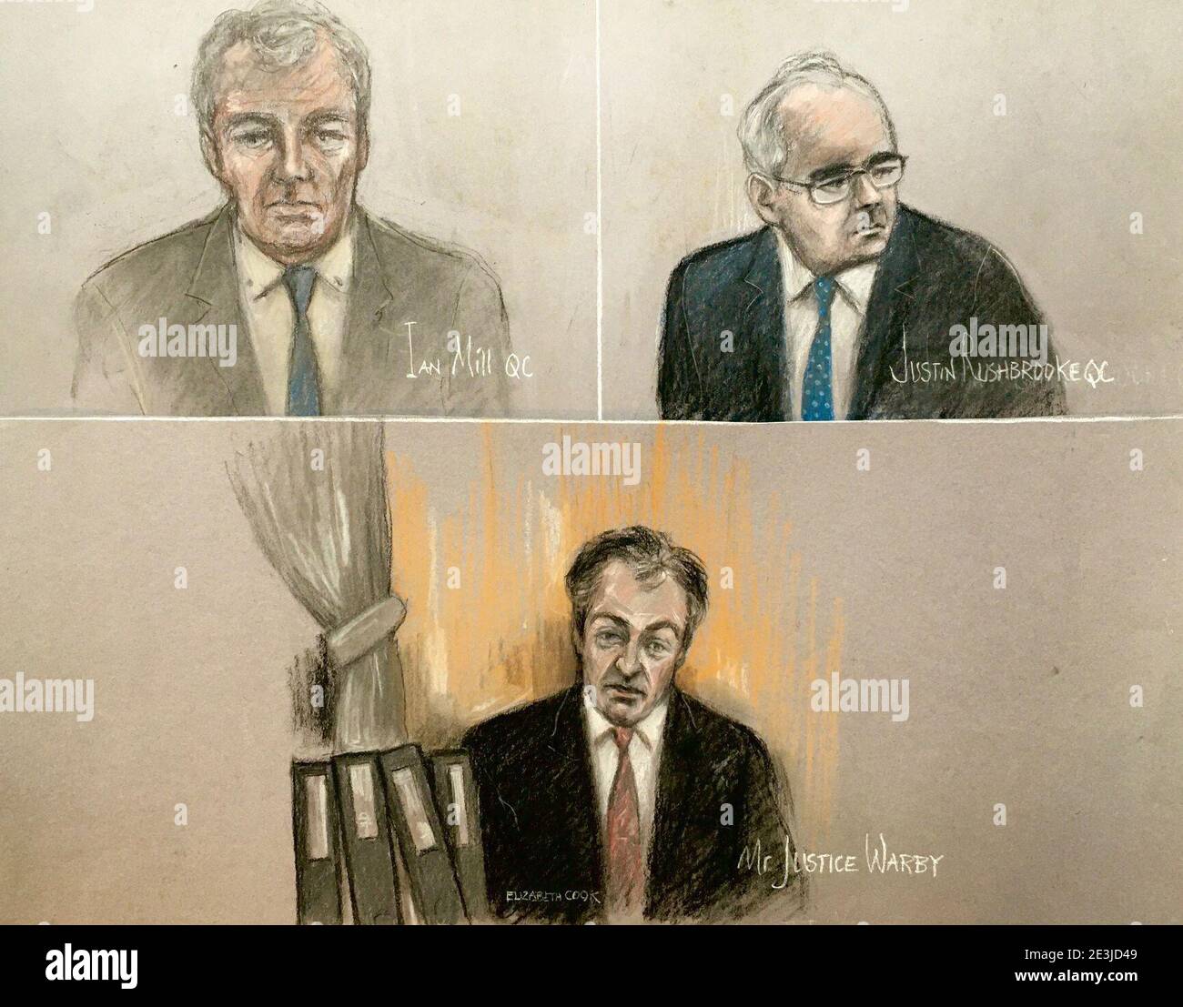 Court Künstler Skizze von Elizabeth Cook von Ian Mill QC (oben links), Justin Rushbrooke QC (oben rechts) und Richter Mr Justice Warby (unten), an den Royal Courts of Justice, London, Während der Klage der Herzogin von Sussex vor dem High Court gegen Associated Newspapers Limited (ANL) wegen der Veröffentlichung eines handschriftlichen Briefes an ihren entfremdeten Vater Thomas Markle. Bilddatum: Dienstag, 19. Januar 2021. Stockfoto