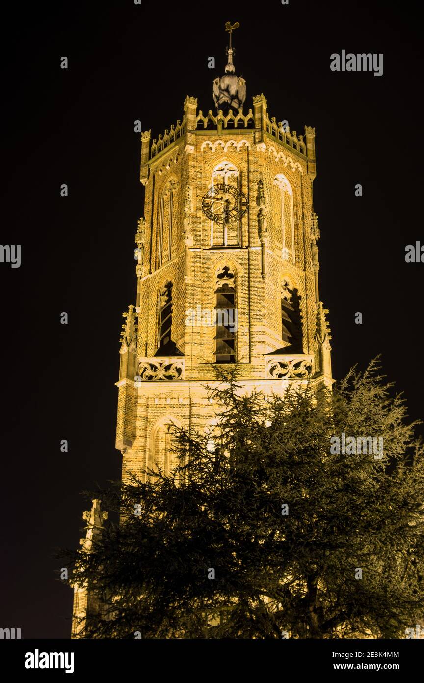 Turm der Sint-Maartenskerk Kirche bei Nacht in Elst, Niederlande Stockfoto