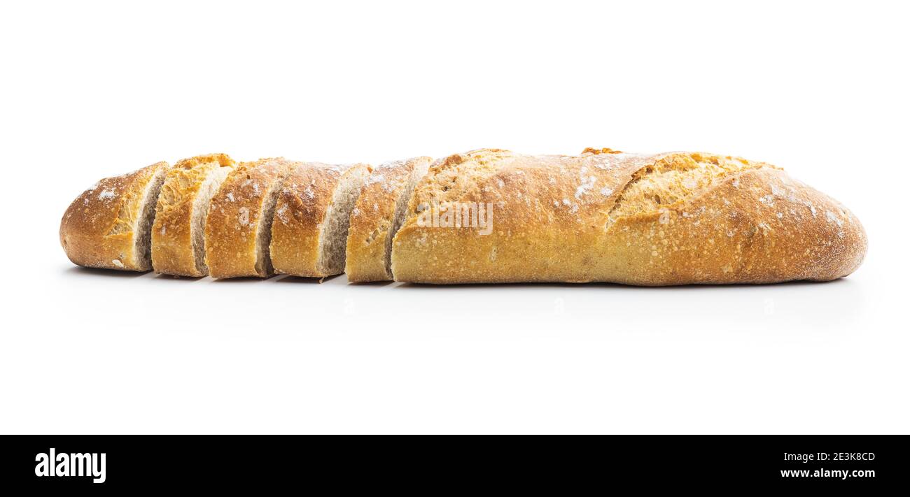 Baguette in Scheiben. Knusprige frische Baguettes isoliert auf weißem Hintergrund. Stockfoto