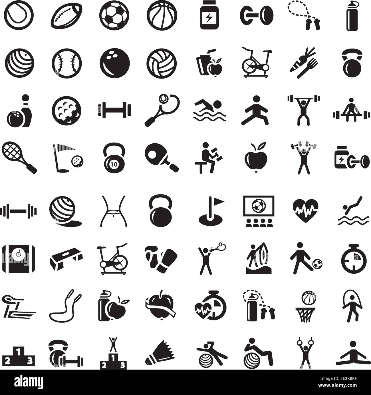64 Fitness und Sport Vektor-Icons für Web und Mobile. Alle Elemente sind gruppiert. Stock Vektor