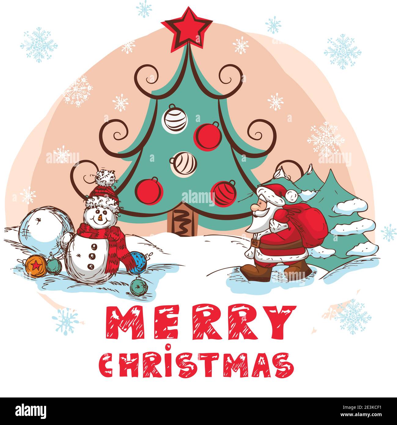 Weihnachtsillustration mit Weihnachtsmann und Schneemann - Neujahrspostkarte im Retro-Stil mit Text - Vektor. Stock Vektor