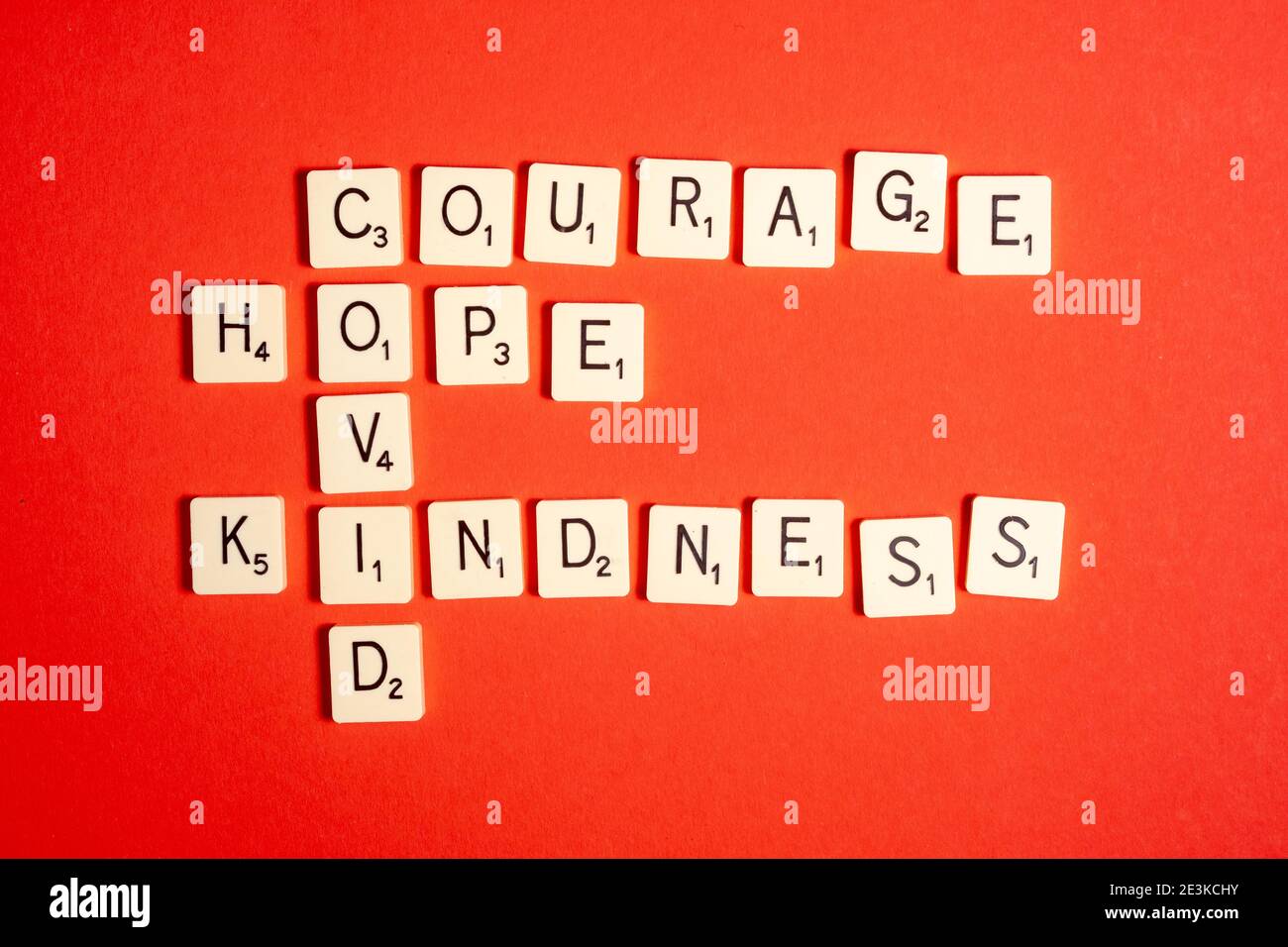Kreuzworträtsel Hoffnung, Freundlichkeit und Mut. Das Konzept der Bekämpfung von covid-19 und positive Effekte. Stockfoto