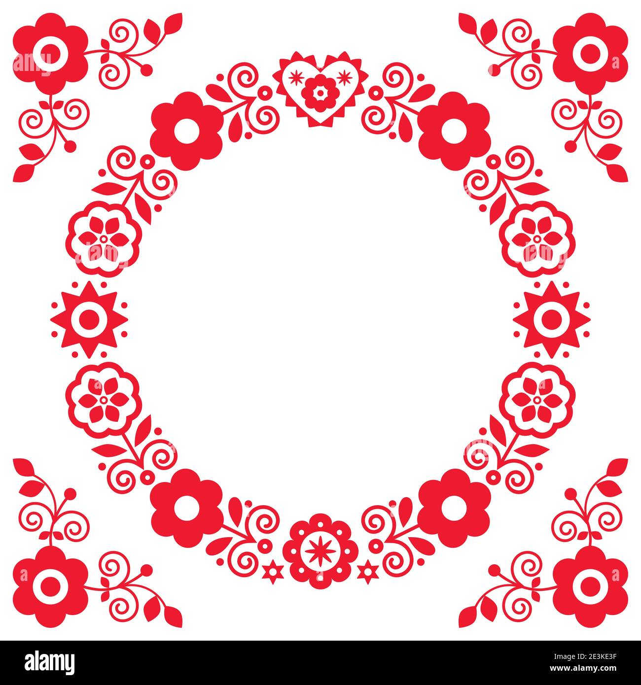 Volkskunst Vektor Grußkarte oder Hochzeit invitiation Design mit Kranz und florale Ecken inspiriert von der polnischen Stickerei Lachy Sadeckie Stock Vektor