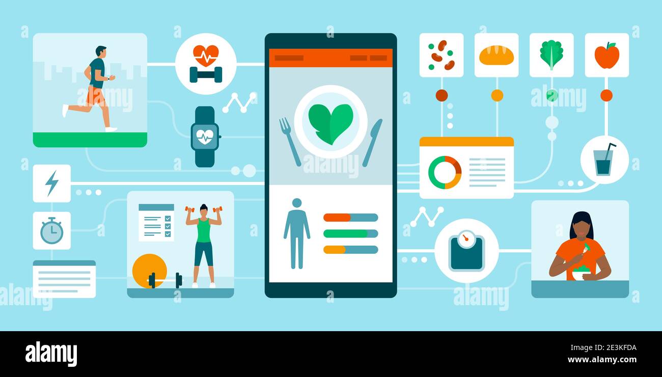 Gesunder Lebensstil, Workout und ausgewogene Ernährung Plan auf einem Smartphone-App Stock Vektor