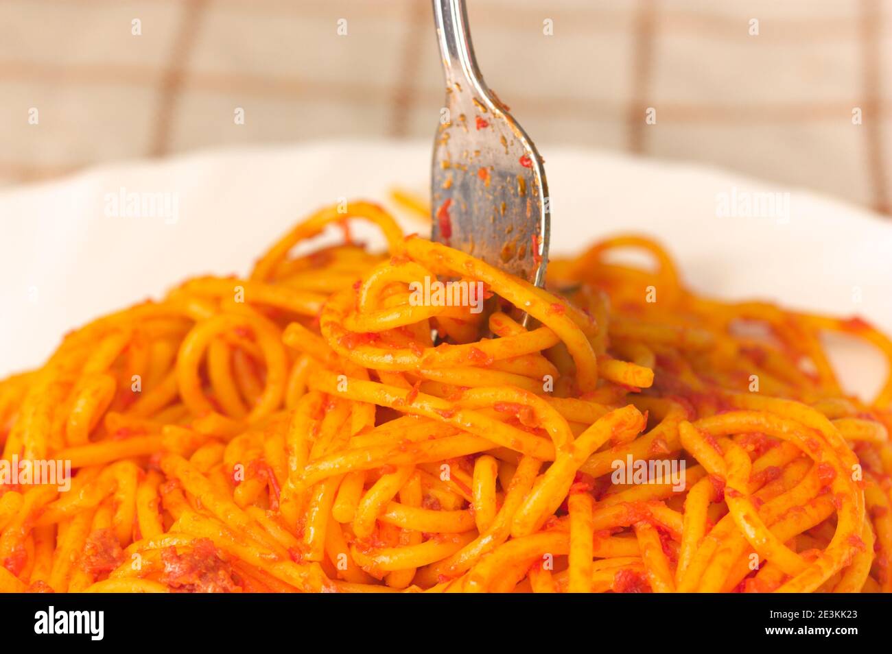 Nahaufnahme einer Gabel, die auf einer Platte von ist Spaghetti Bolognese mit Fleisch und Tomaten Stockfoto