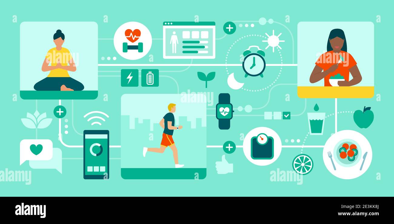 Gesunde Lifestyle-Konzepte: Ausgewogene Ernährung, Meditation, Sport und Nährstofffutter Stock Vektor