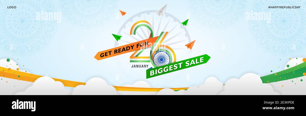 Indian Republic Day Sale Website Banner mit indianischer Flagge Tri Farben Band 26 Text und Ashoka Rad auf Himmel Hintergrund Stock Vektor