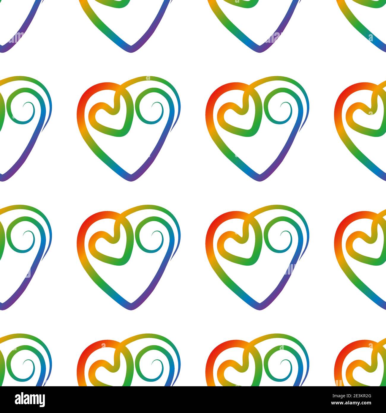 Hippie Style.Rainbow Hearts auf weißem Hintergrund. Spektrale Curlicues in Form von Herzen.Konzept-Design für Valentinstag, lgbd, Tapete, 80er Jahre Stock Vektor